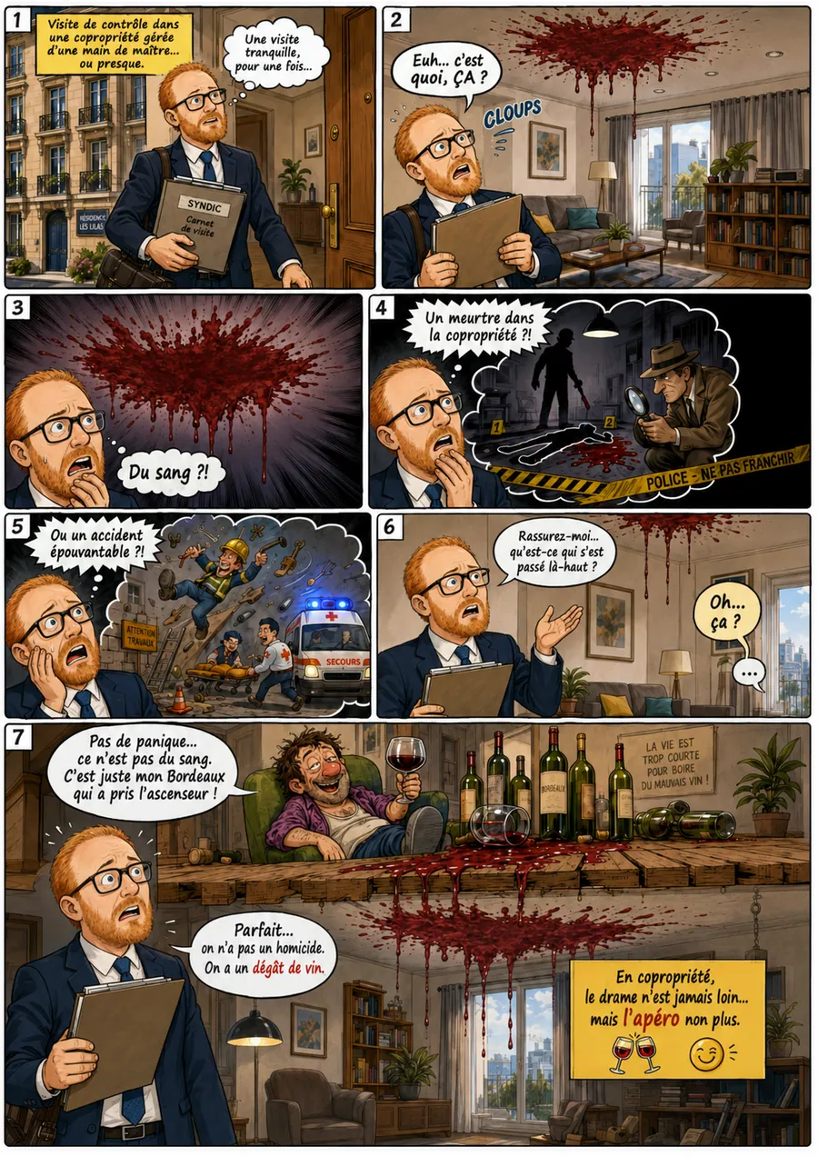 Planche de BD « Le dégât de vin » en sept cases