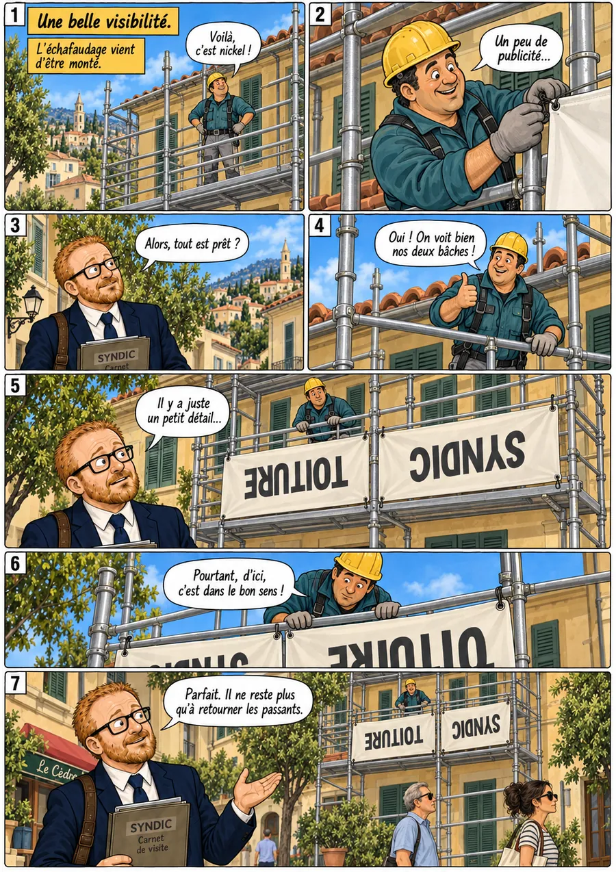 Planche de BD « Une belle visibilité » en sept cases