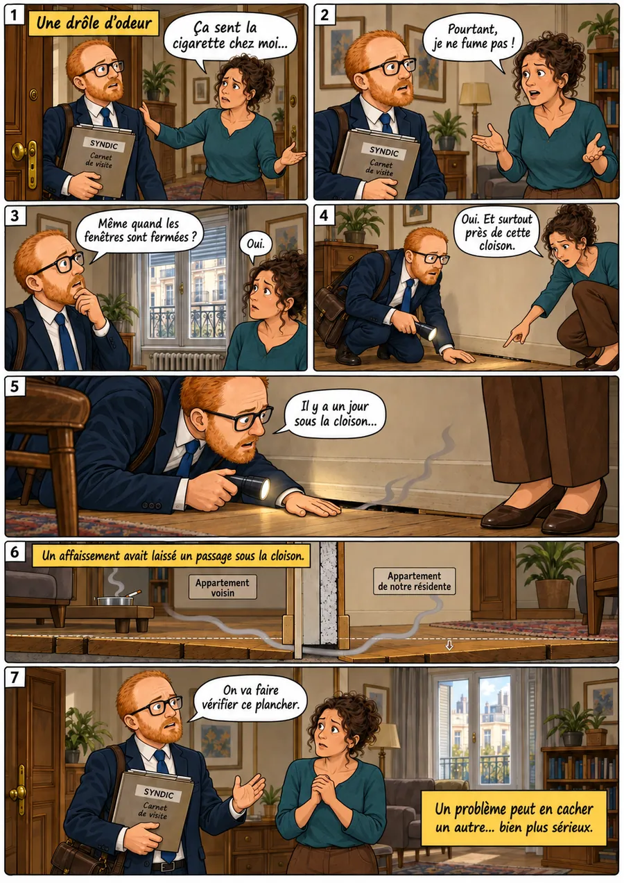 Planche de BD « Une drôle d’odeur » en sept cases