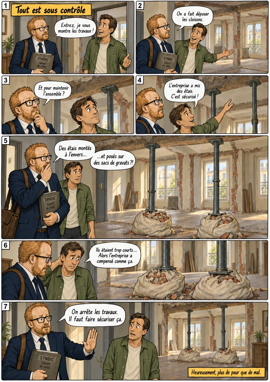 Planche de BD « Tout est sous contrôle » en sept cases