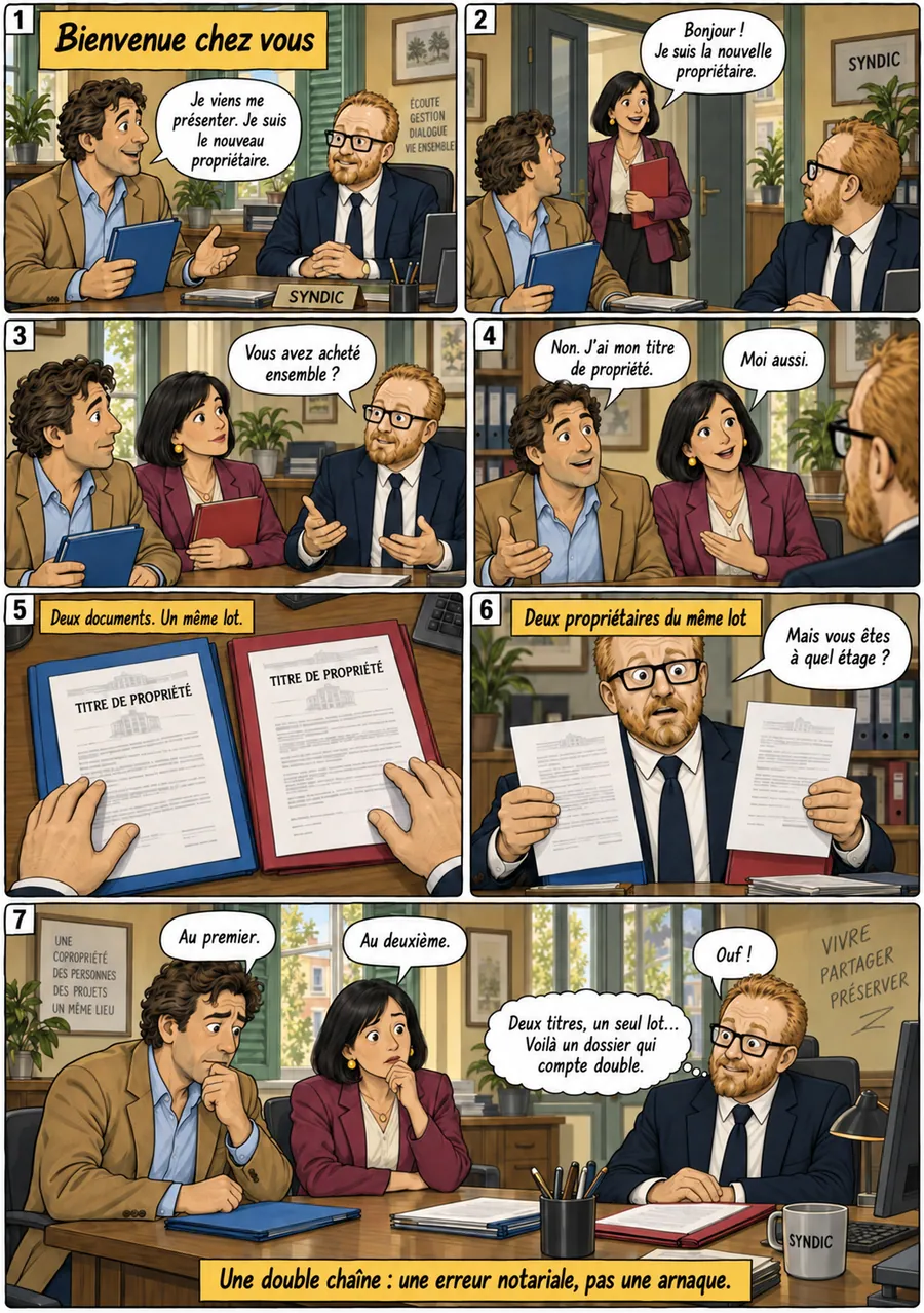 Planche de BD « Bienvenue chez vous » en sept cases