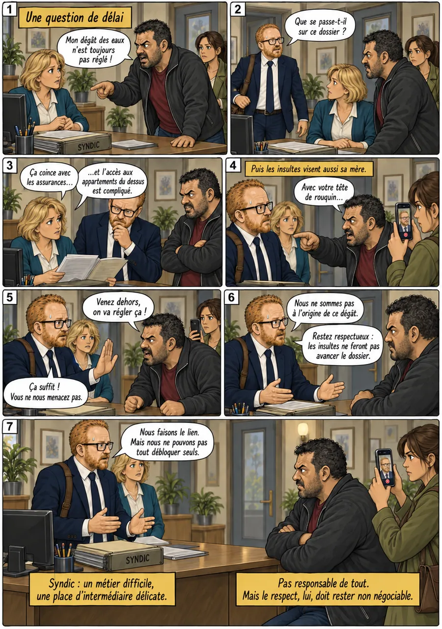 Planche de BD « Une question de délai » en sept cases