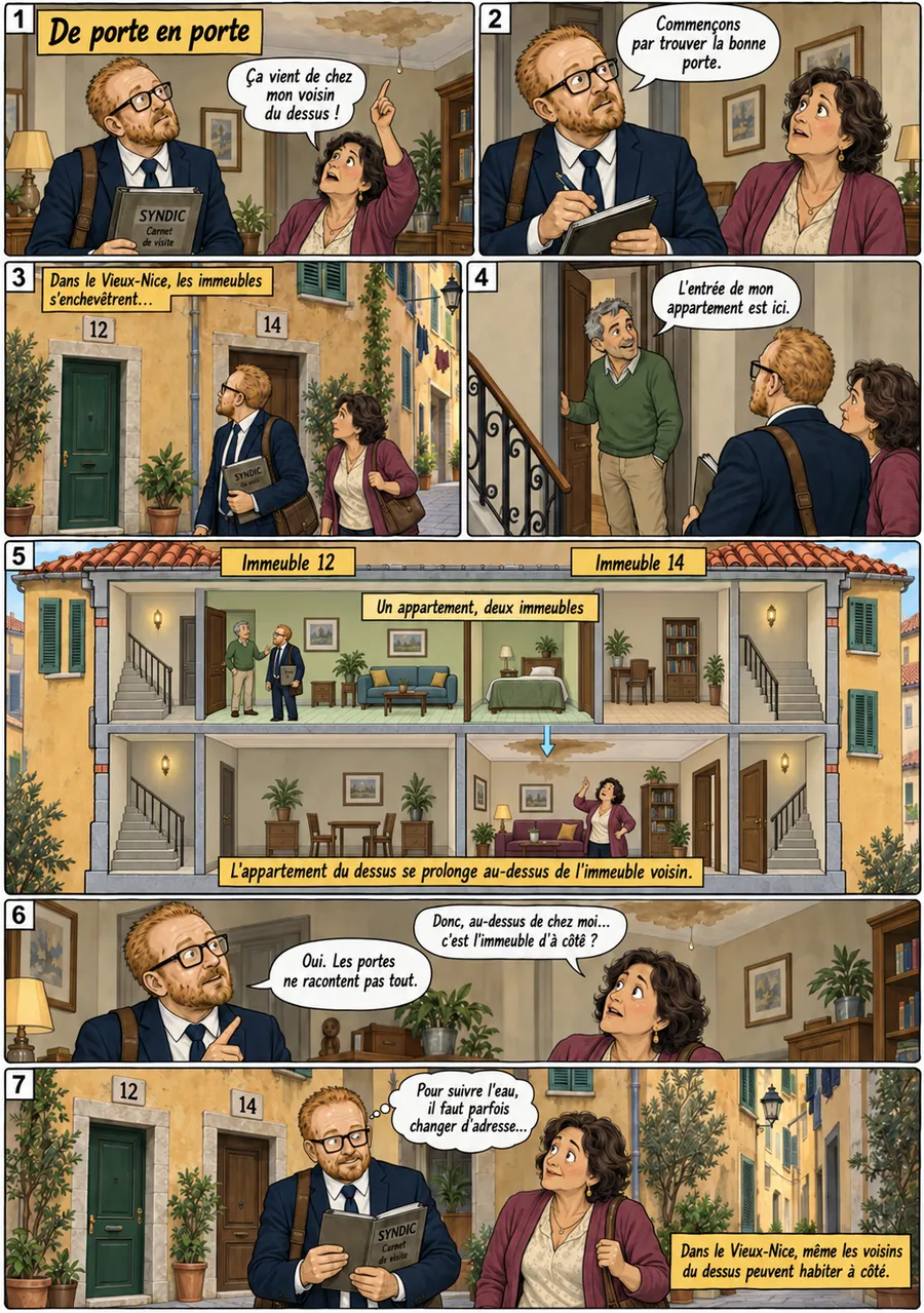 Planche de BD « De porte en porte » en sept cases