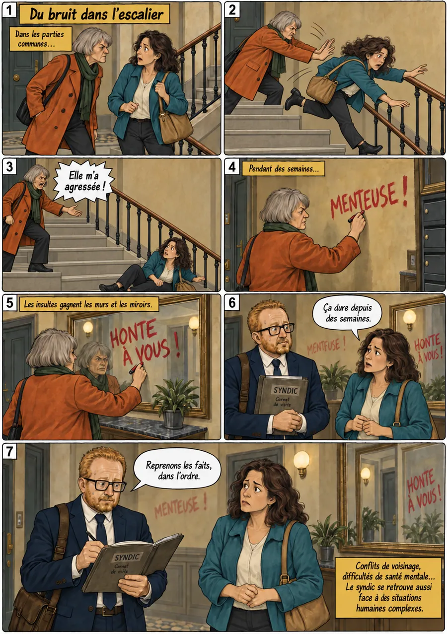 Planche de BD « Du bruit dans l’escalier » en sept cases