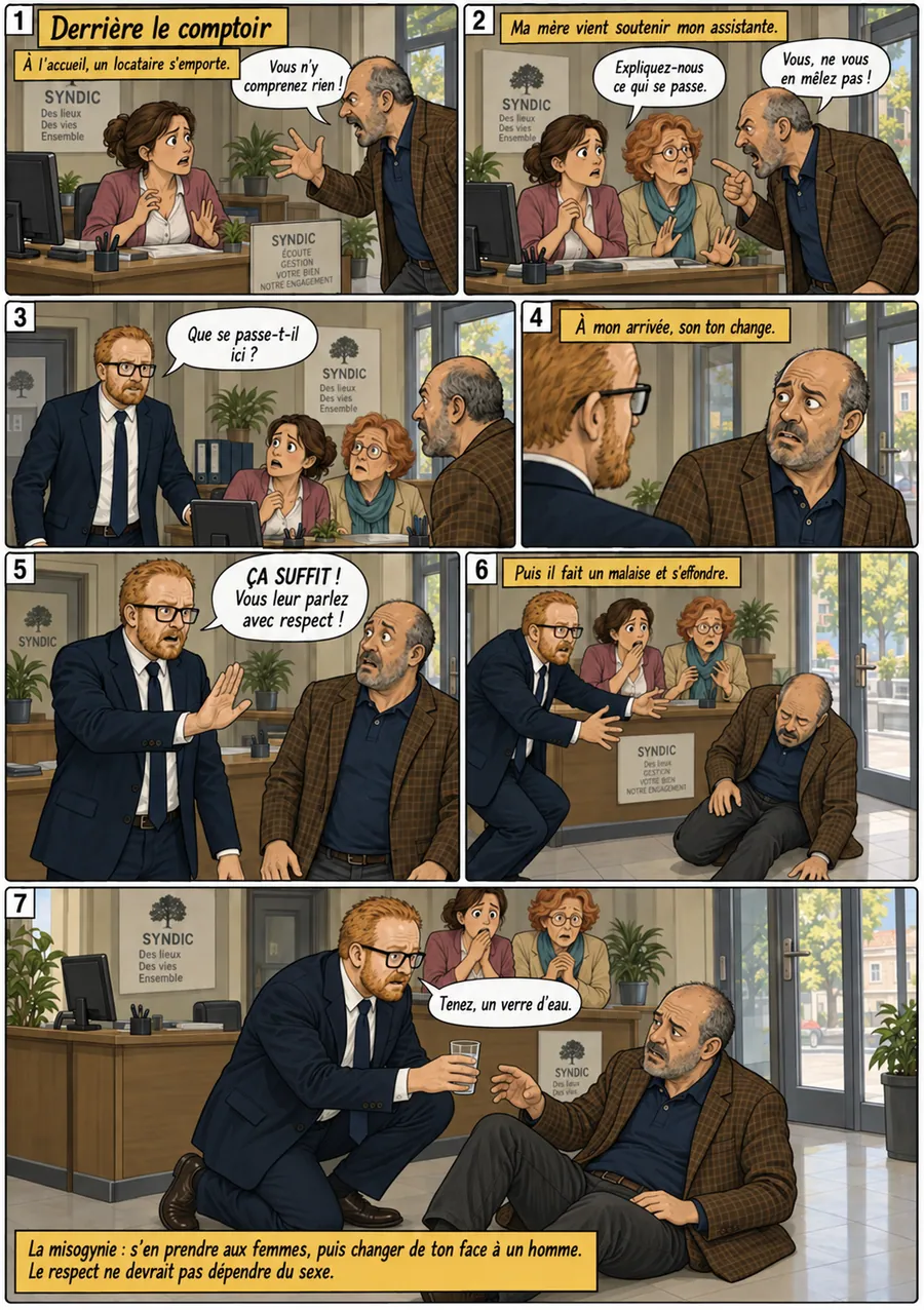 Planche de BD « Derrière le comptoir » en sept cases