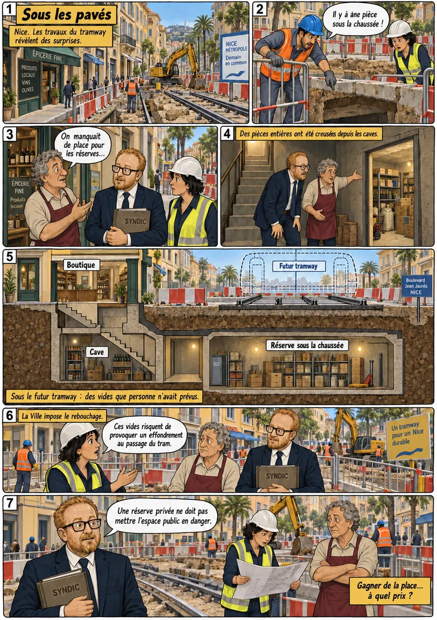 Planche de BD « Sous les pavés » en sept cases