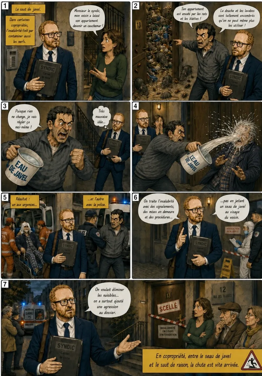 Planche de BD « Le saut de Javel » en sept cases