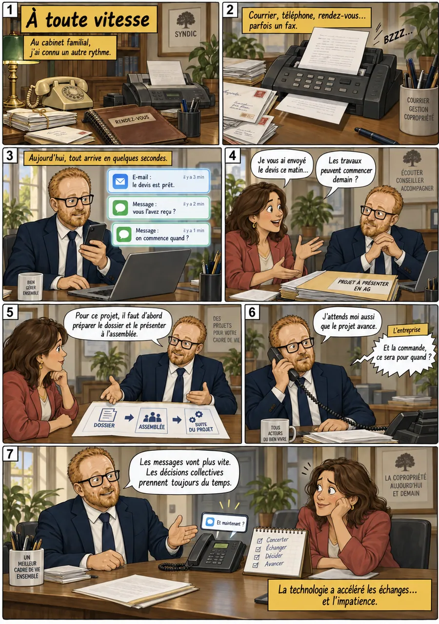 Planche de BD « À toute vitesse » en sept cases