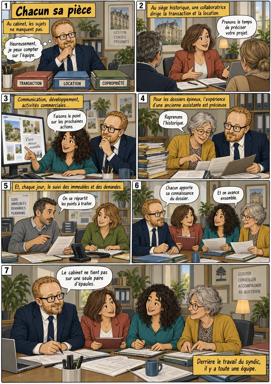 Planche de BD « Chacun sa pièce » en sept cases
