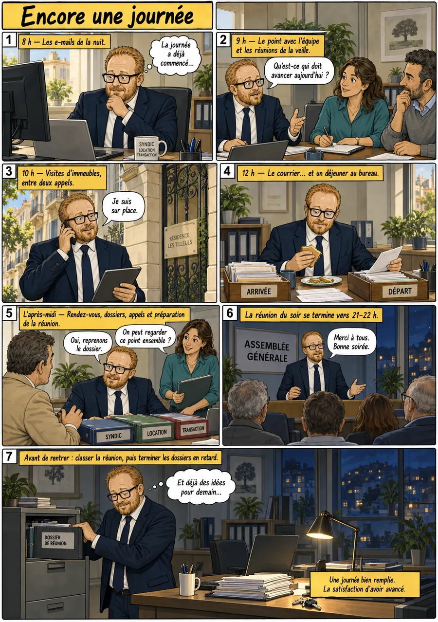 Planche de BD « Encore une journée » en sept cases