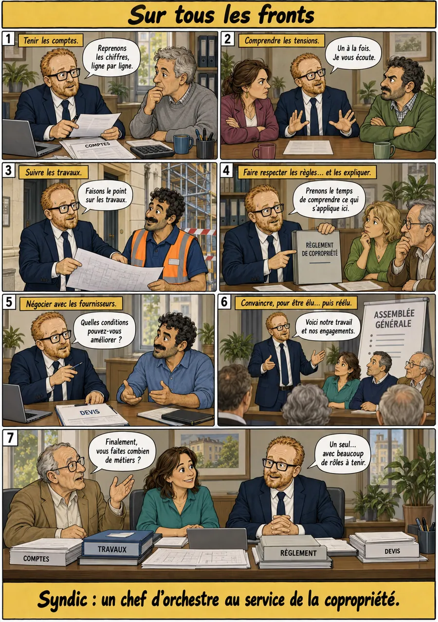 Planche de BD « Sur tous les fronts » en sept cases