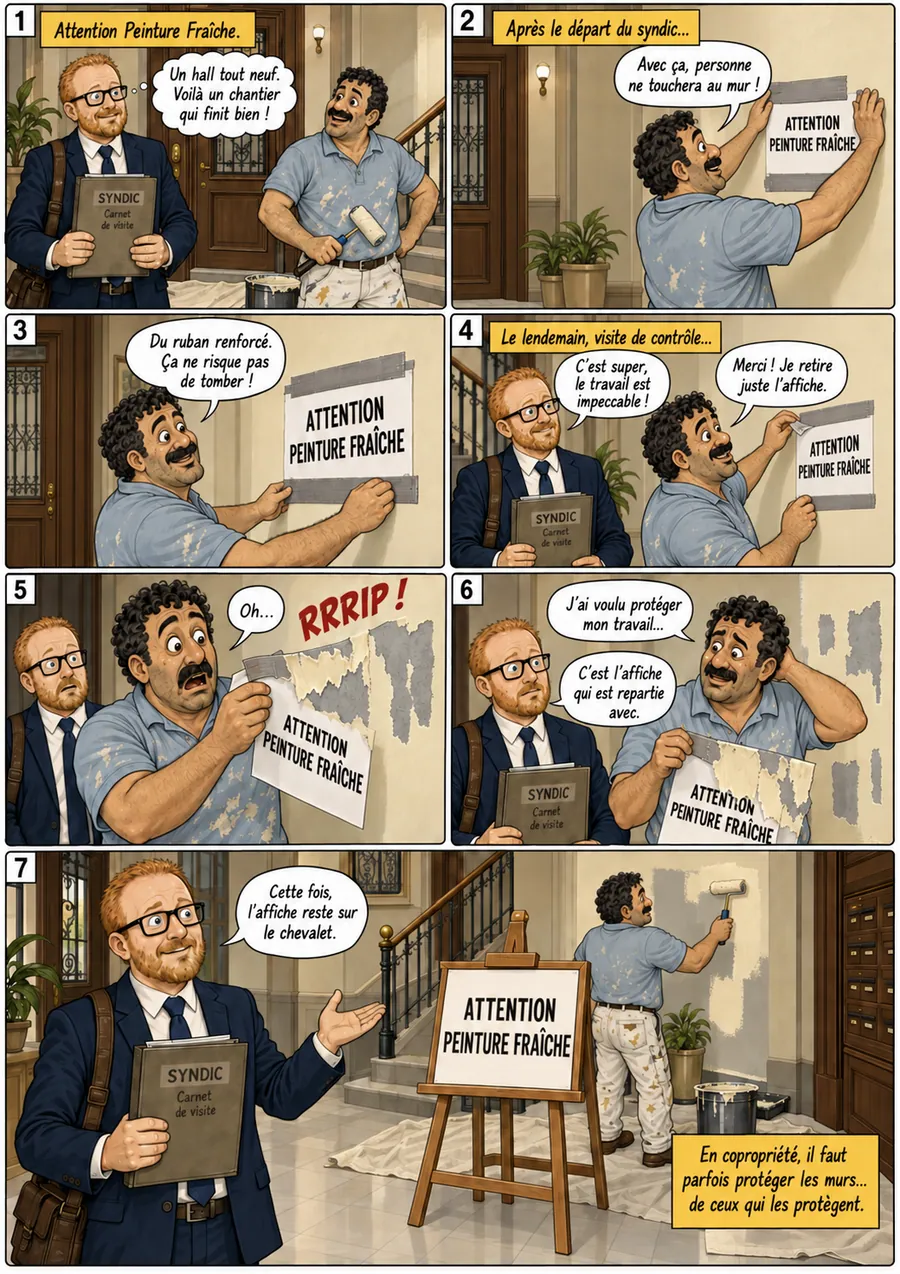 Planche de BD « Attention Peinture Fraîche » en sept cases